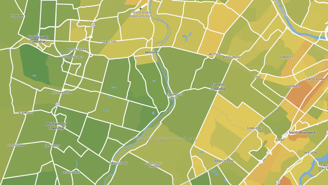 Map of the best neighborhoods in the Millstone area, with better matches in green and worse matches in red