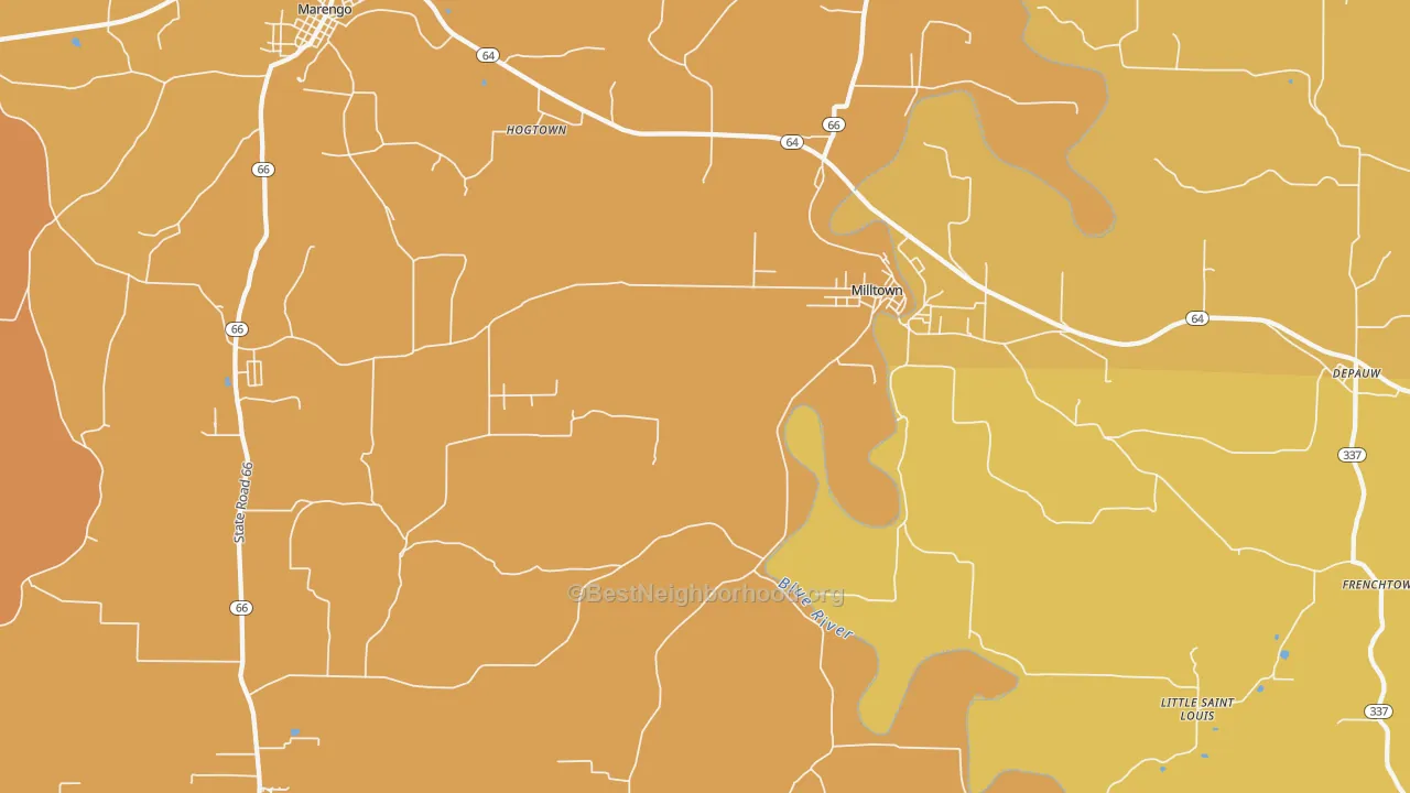 Map of the best neighborhoods in the Milltown area, with better matches in green and worse matches in red