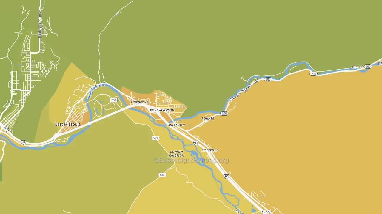 Map of the best neighborhoods in the Milltown area, with better matches in green and worse matches in red