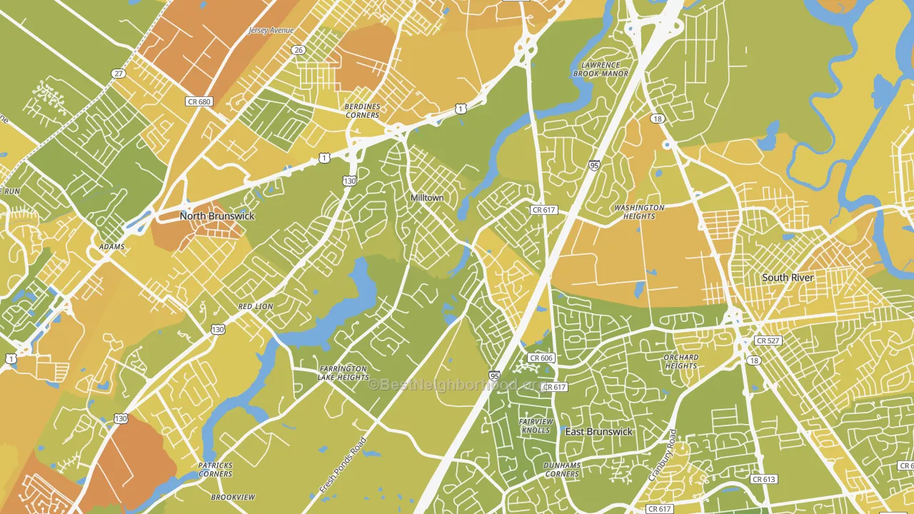 Map of the best neighborhoods in the Milltown area, with better matches in green and worse matches in red