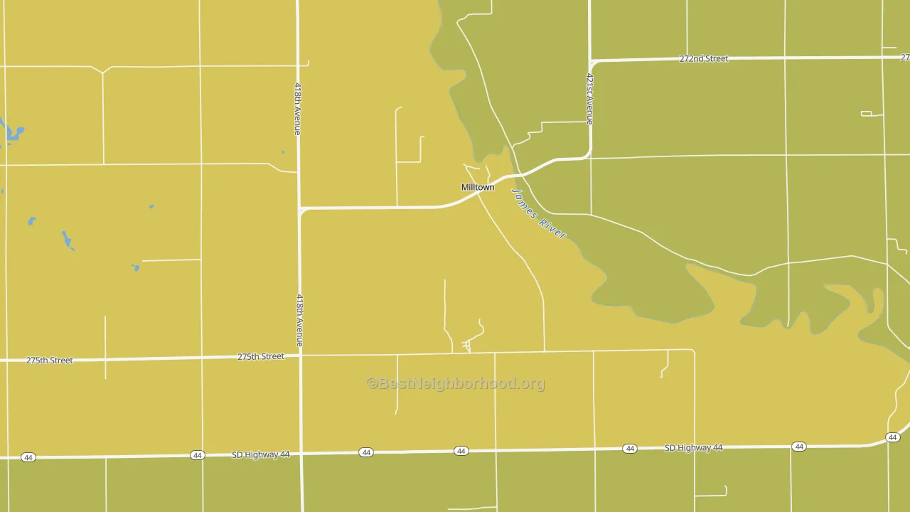 Map of the best neighborhoods in the Milltown area, with better matches in green and worse matches in red
