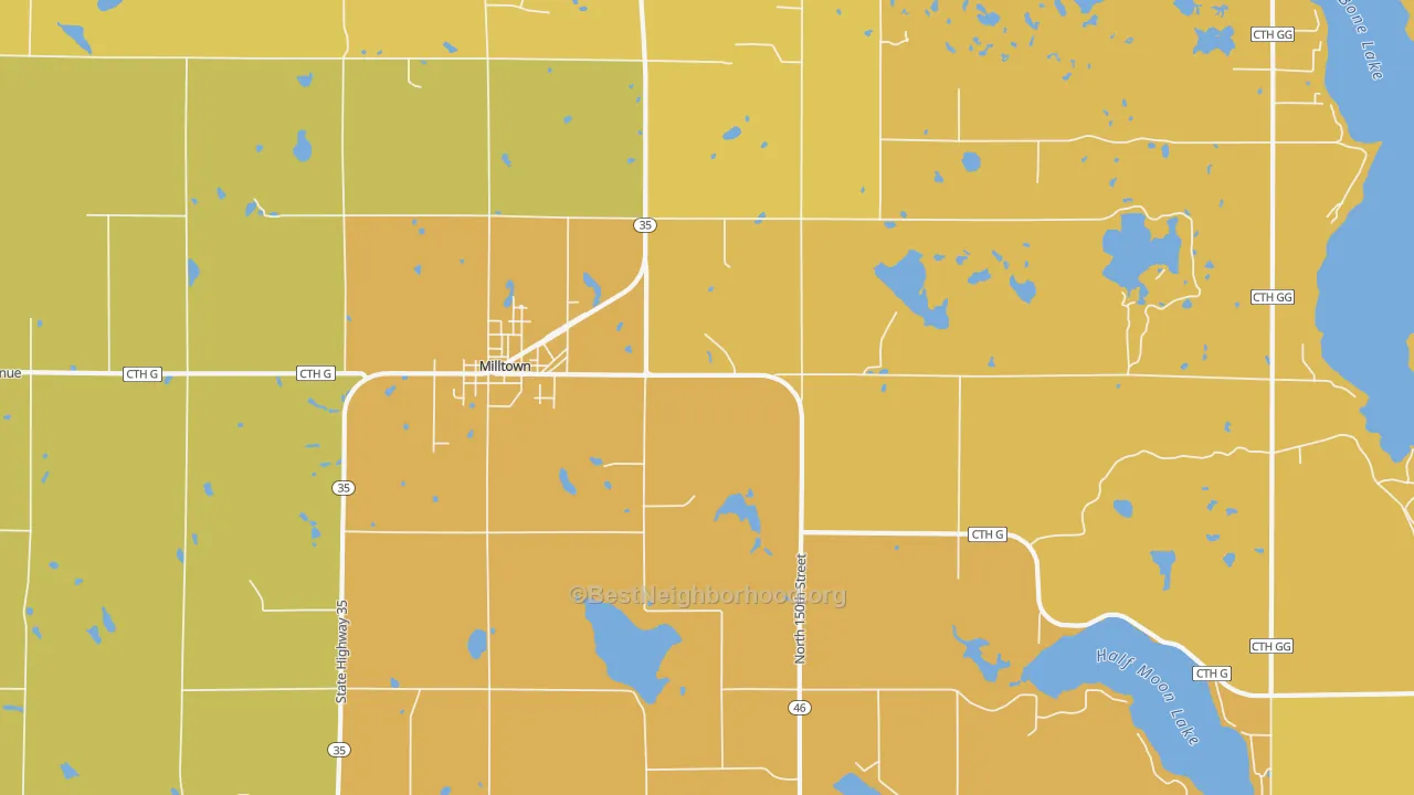 Map of the best neighborhoods in the Milltown area, with better matches in green and worse matches in red