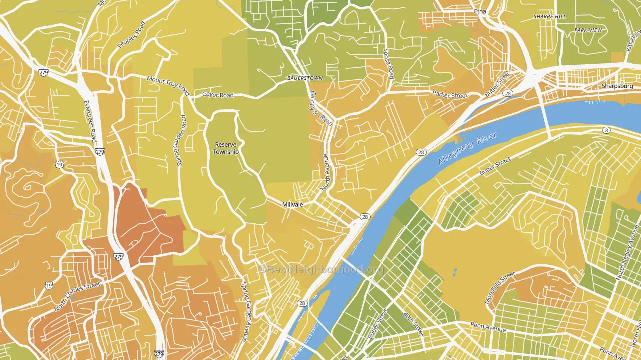 Map of the best neighborhoods in the Millvale area, with better matches in green and worse matches in red