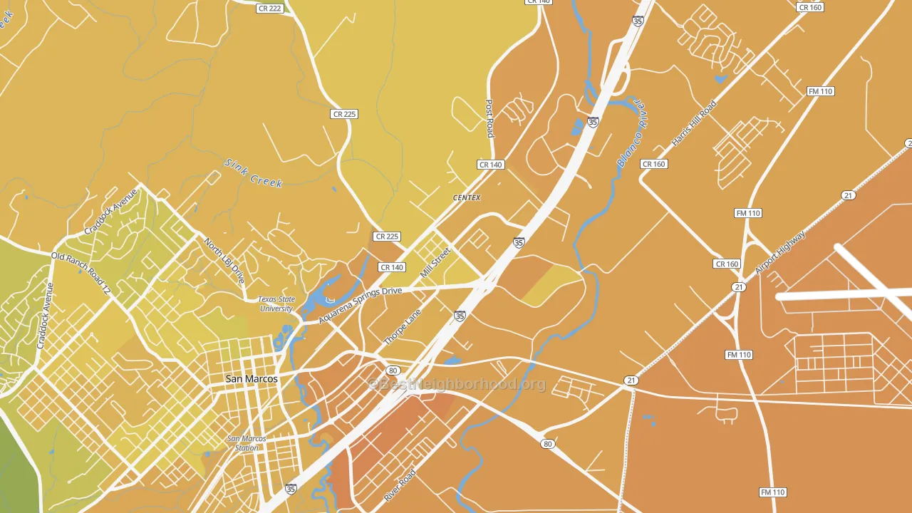 Map of the best neighborhoods in the Millview East, San Marcos area, with better matches in green and worse matches in red