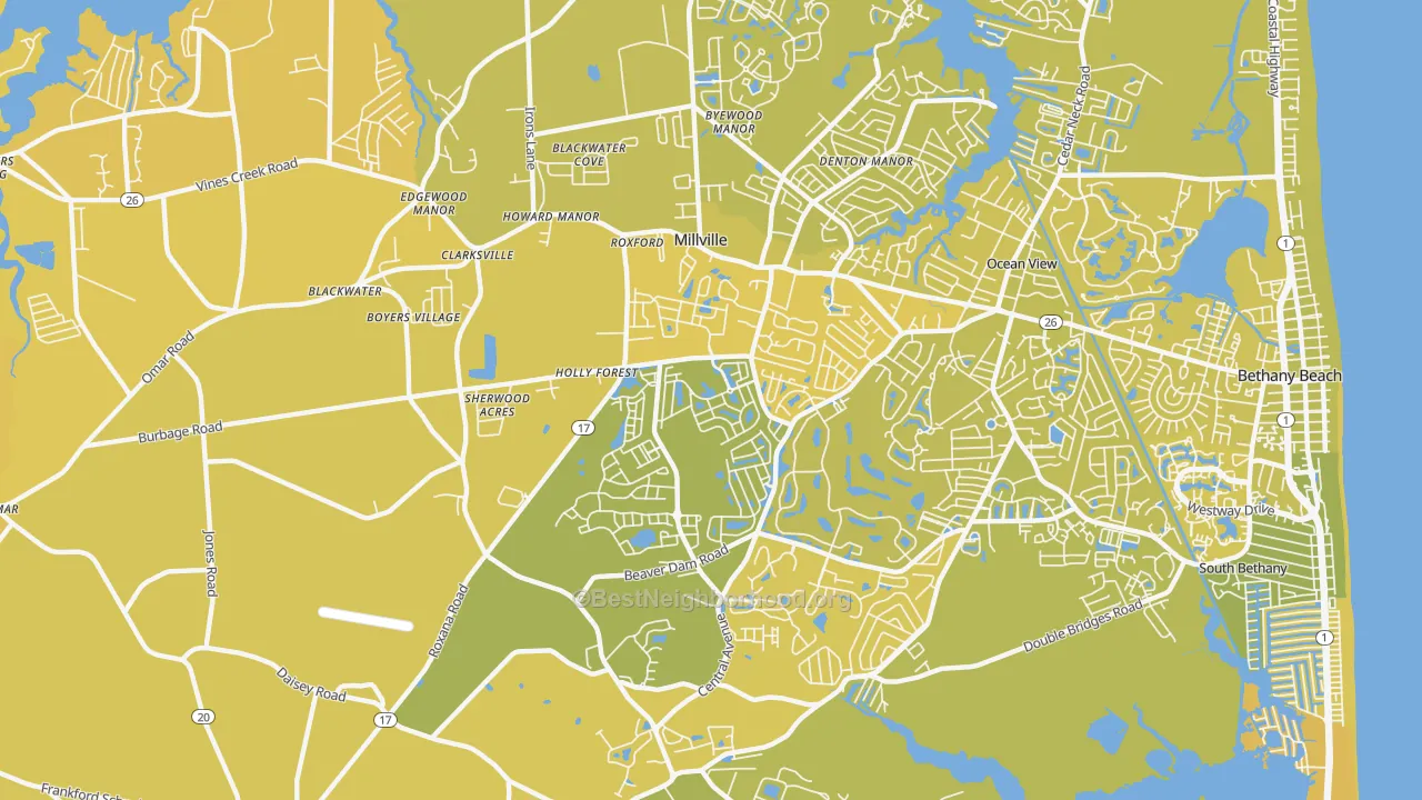 Map of the best neighborhoods in the Millville area, with better matches in green and worse matches in red