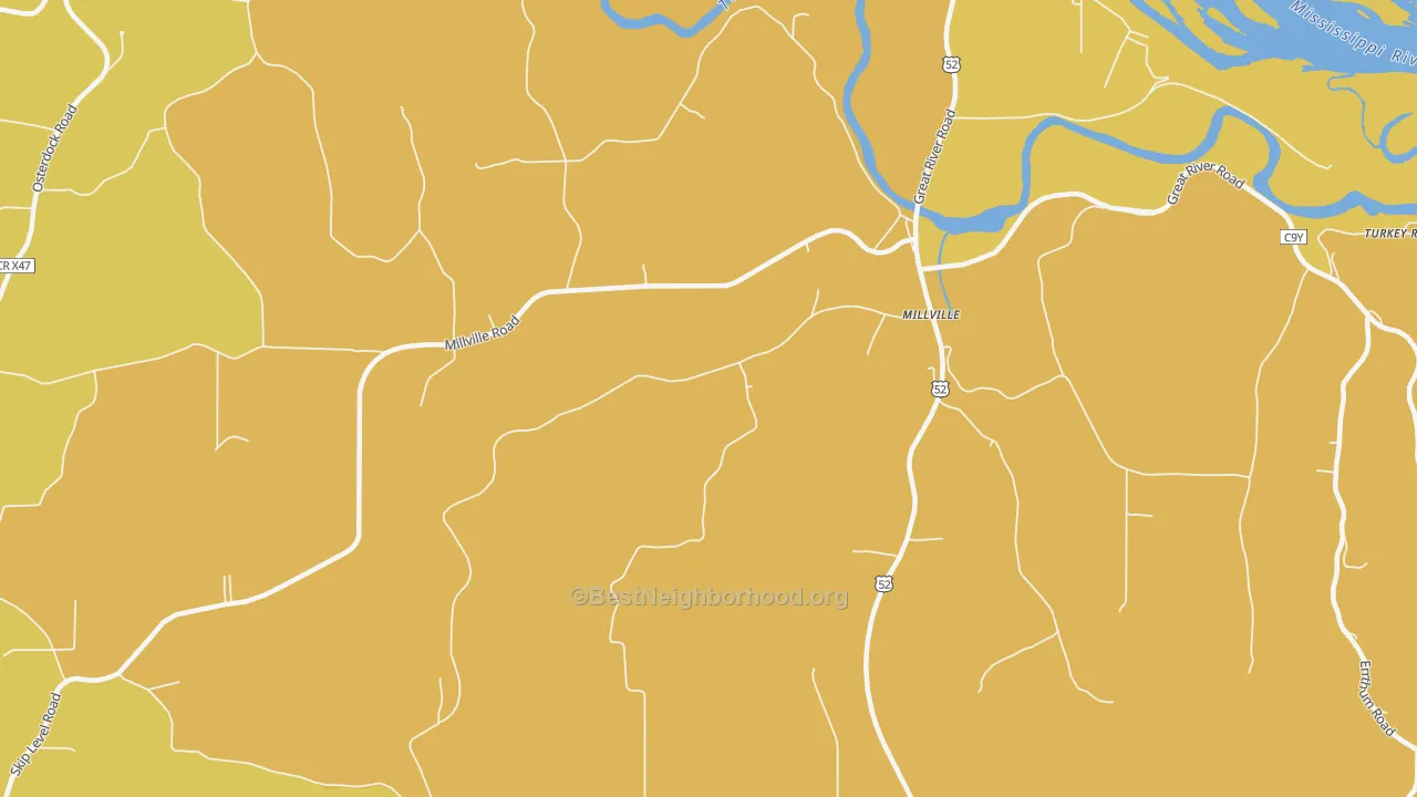 Map of the best neighborhoods in the Millville area, with better matches in green and worse matches in red