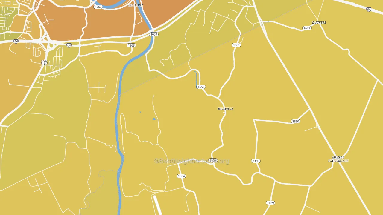 Map of the best neighborhoods in the Millville area, with better matches in green and worse matches in red