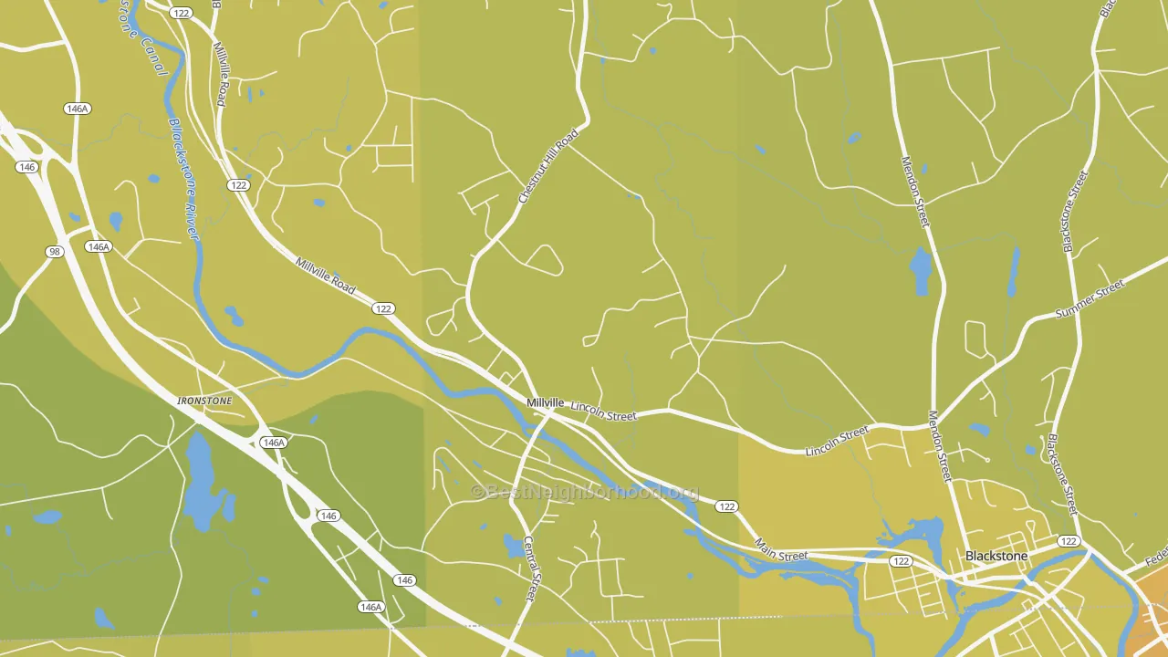 Map of the best neighborhoods in the Millville area, with better matches in green and worse matches in red