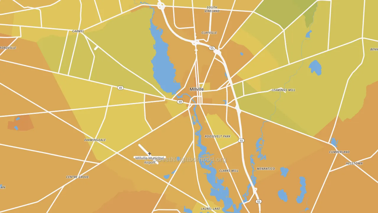 Map of the best neighborhoods in the Millville area, with better matches in green and worse matches in red