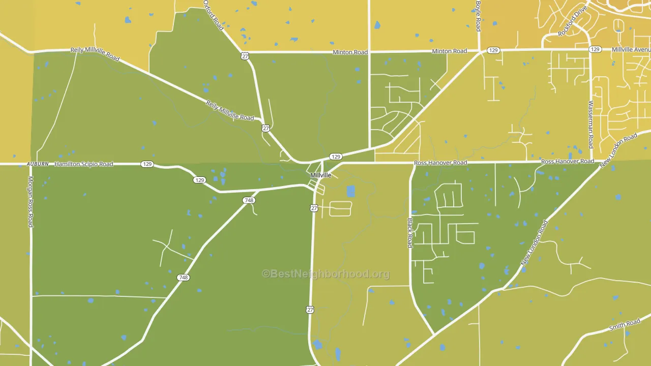 Map of the best neighborhoods in the Millville area, with better matches in green and worse matches in red
