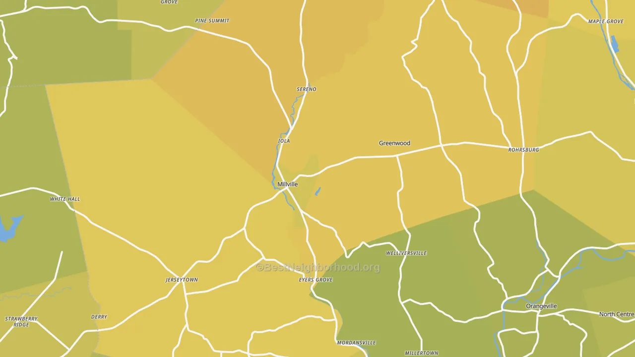 Map of the best neighborhoods in the Millville area, with better matches in green and worse matches in red