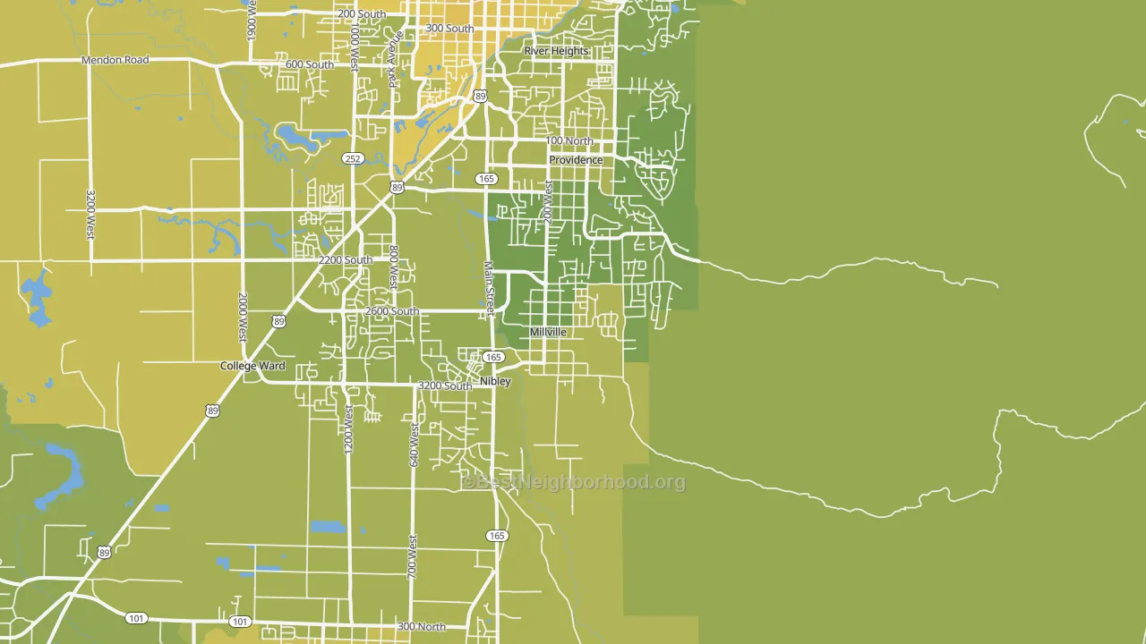 Map of the best neighborhoods in the Millville area, with better matches in green and worse matches in red