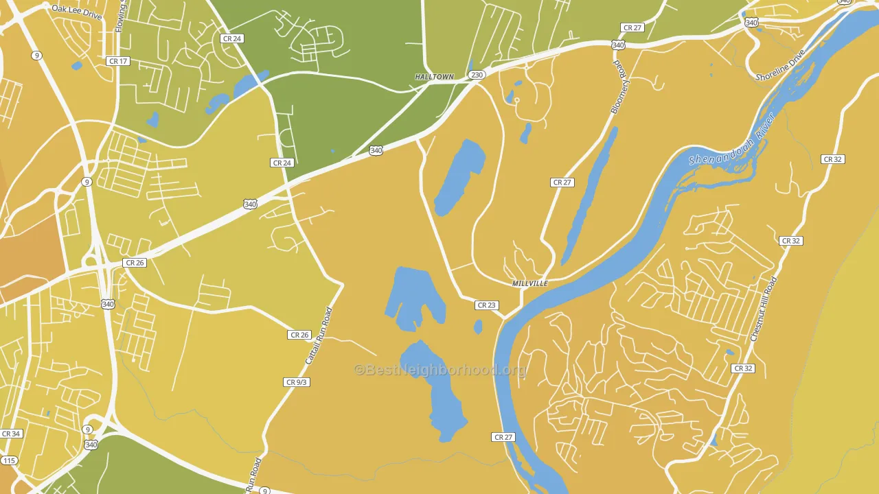 Map of the best neighborhoods in the Millville area, with better matches in green and worse matches in red