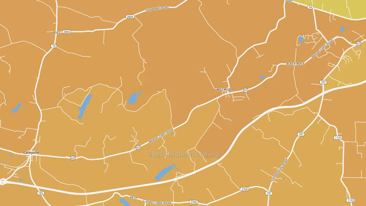 Map of the best neighborhoods in the Millwood area, with better matches in green and worse matches in red