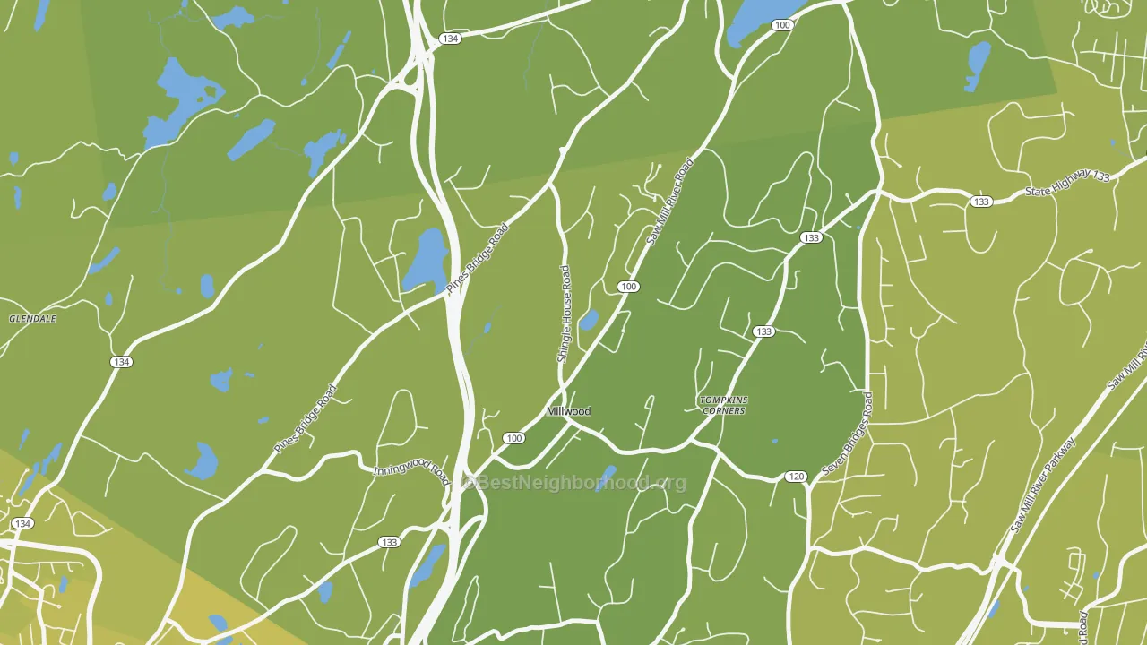 Map of the best neighborhoods in the Millwood area, with better matches in green and worse matches in red