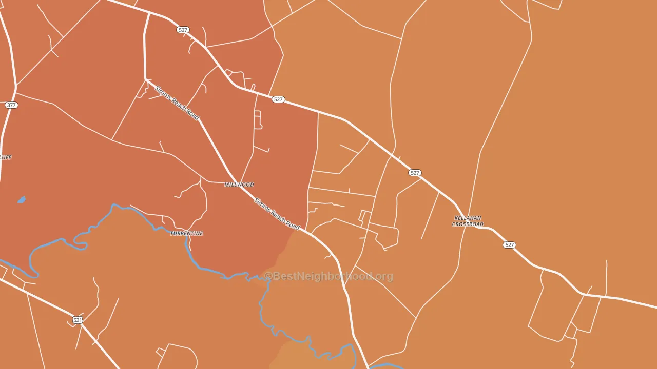 Map of the best neighborhoods in the Millwood area, with better matches in green and worse matches in red