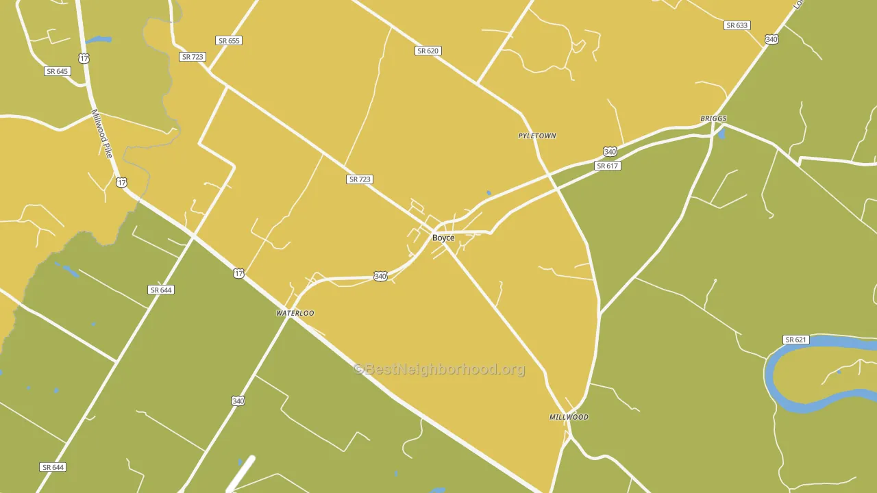 Map of the best neighborhoods in the Millwood area, with better matches in green and worse matches in red