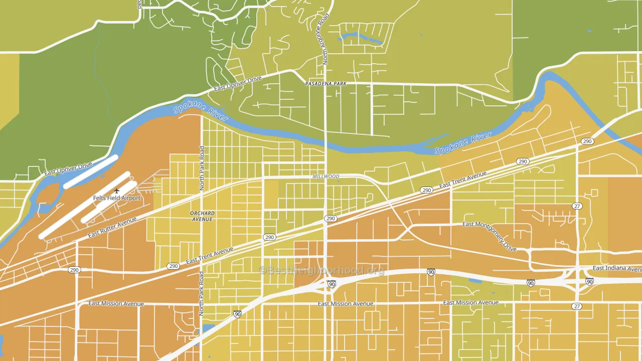 Map of the best neighborhoods in the Millwood area, with better matches in green and worse matches in red