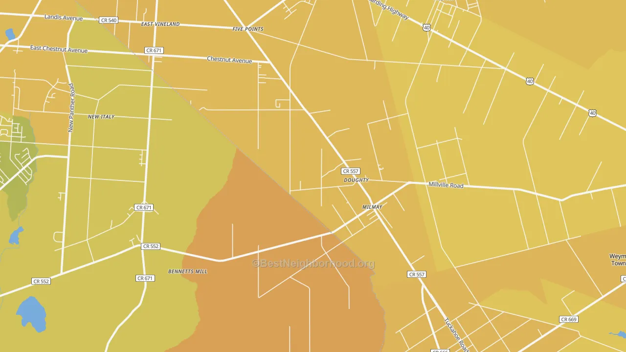 Map of the best neighborhoods in the Milmay area, with better matches in green and worse matches in red