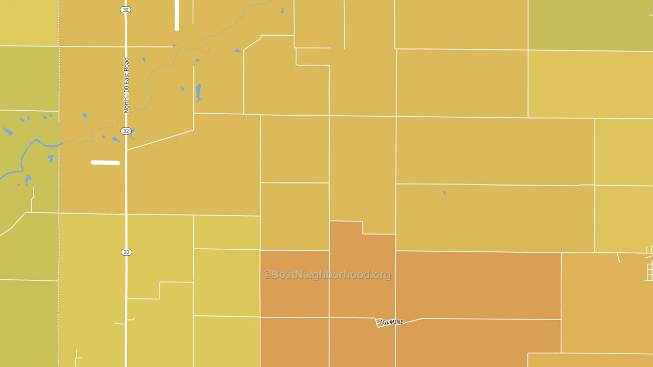 Map of the best neighborhoods in the Milmine area, with better matches in green and worse matches in red