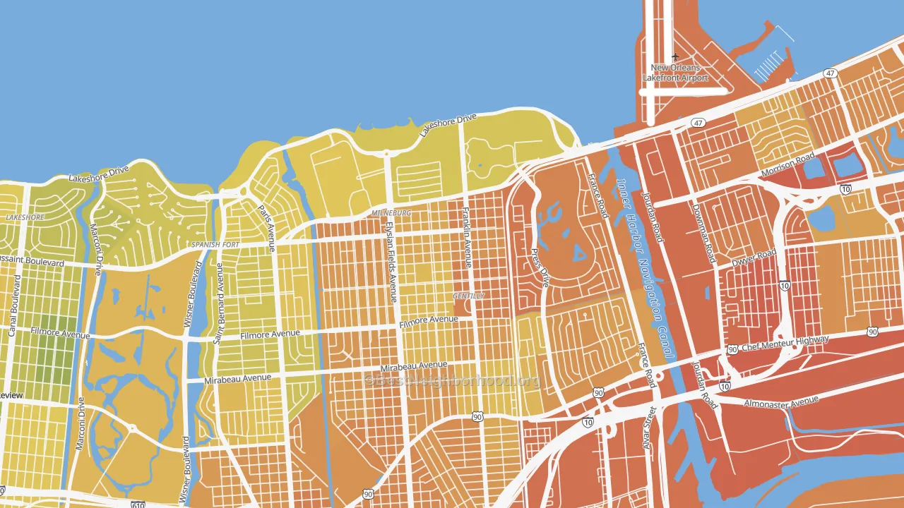 Map of the best neighborhoods in the Milneburg, New Orleans area, with better matches in green and worse matches in red