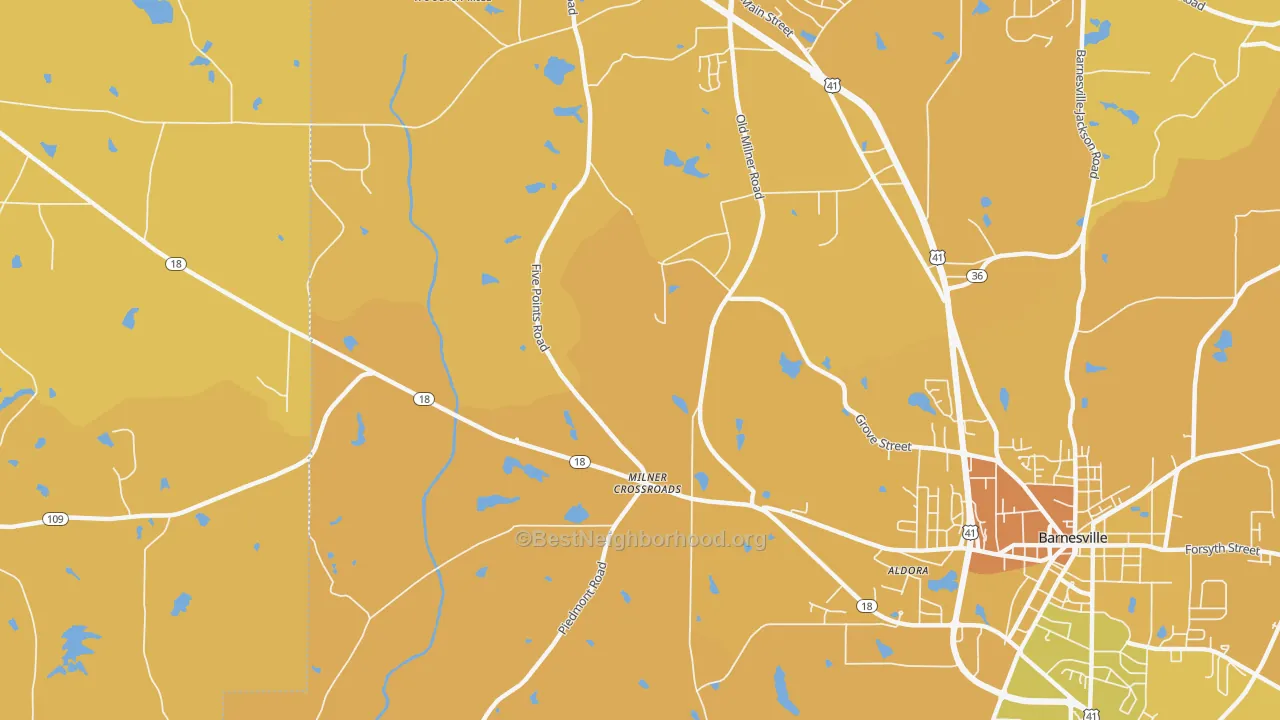 Map of the best neighborhoods in the Milner Crossroads area, with better matches in green and worse matches in red