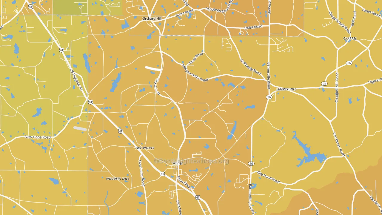 Map of the best neighborhoods in the Milner area, with better matches in green and worse matches in red