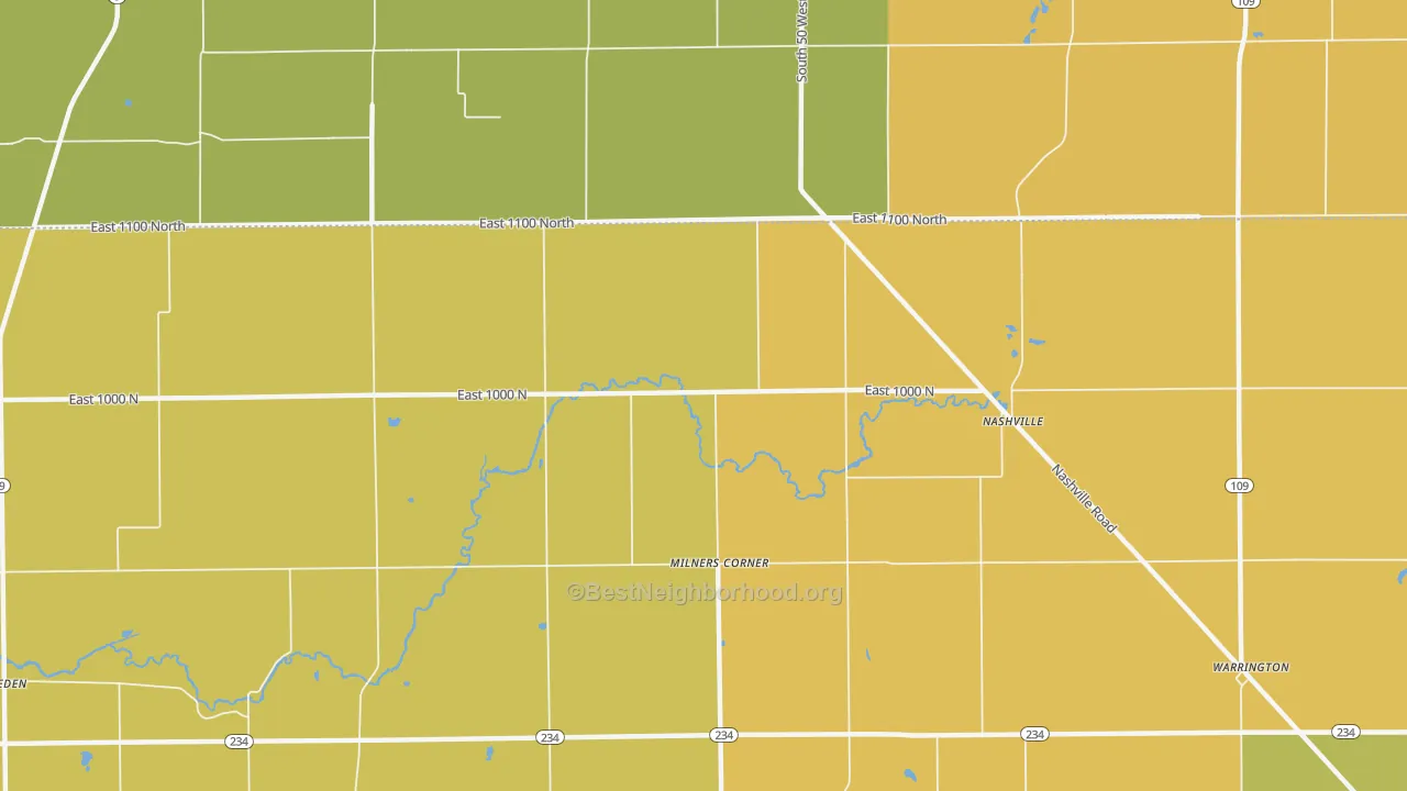 Map of the best neighborhoods in the Milners Corner area, with better matches in green and worse matches in red