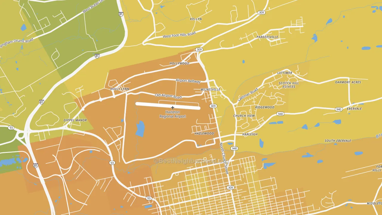 Map of the best neighborhoods in the Milnesville area, with better matches in green and worse matches in red