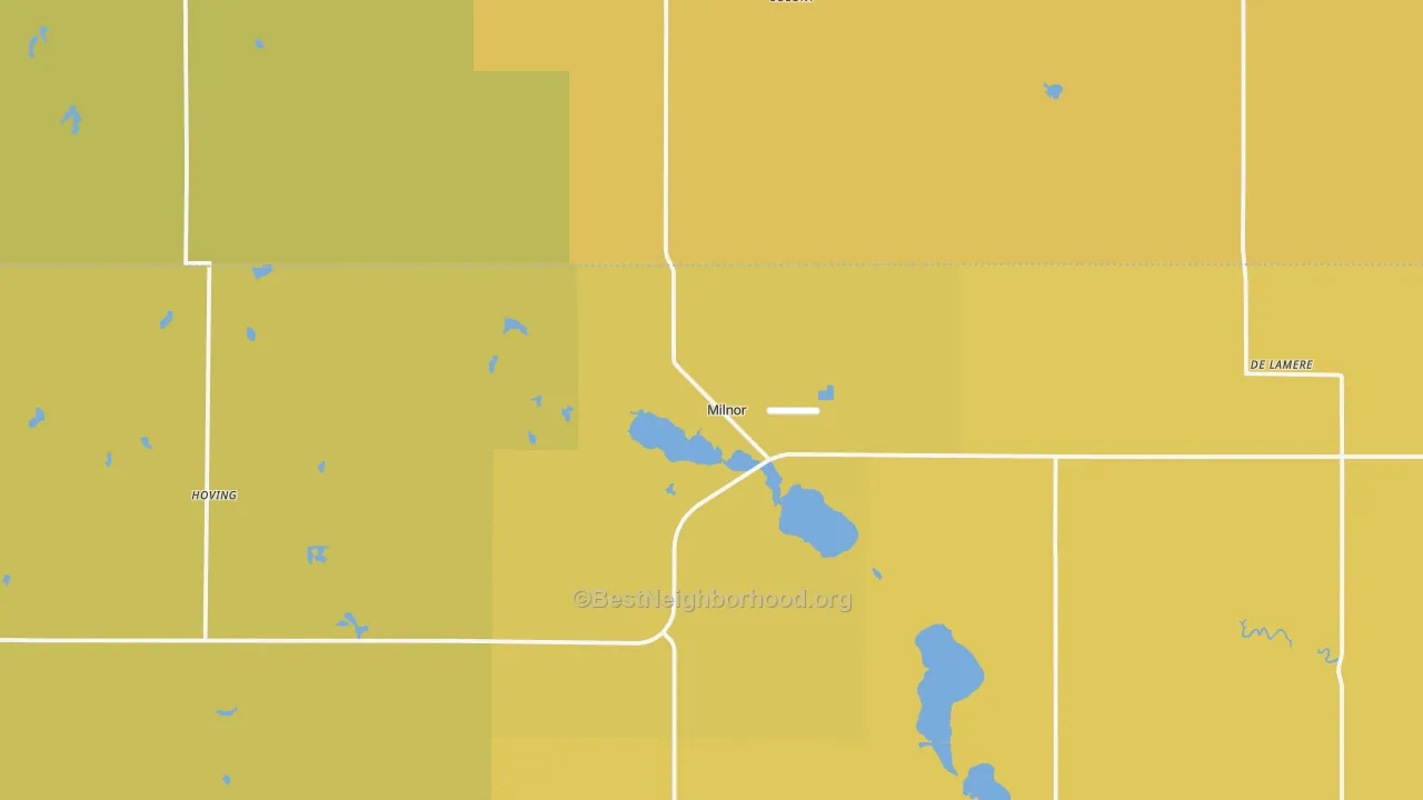 Map of the best neighborhoods in the Milnor area, with better matches in green and worse matches in red