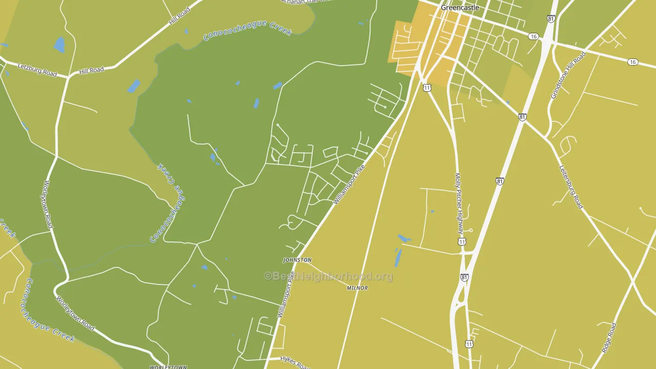 Map of the best neighborhoods in the Milnor area, with better matches in green and worse matches in red