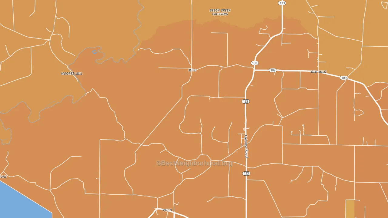 Map of the best neighborhoods in the Milo area, with better matches in green and worse matches in red