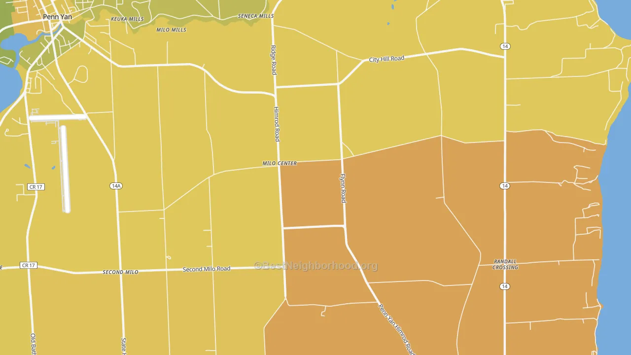 Map of the best neighborhoods in the Milo Center area, with better matches in green and worse matches in red