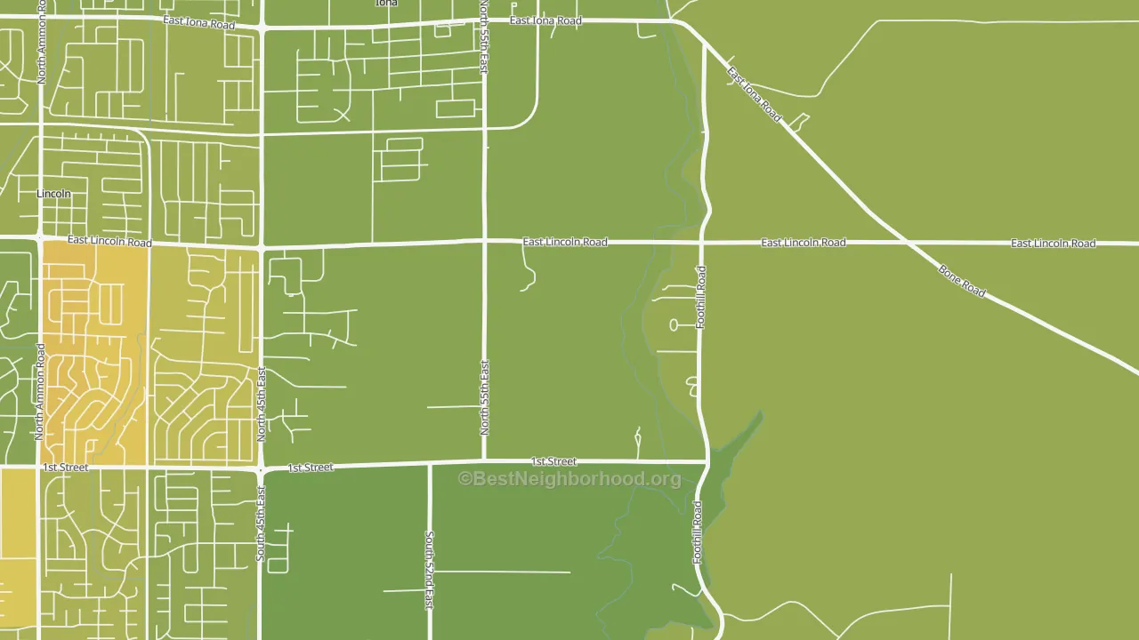 Map of the best neighborhoods in the Milo area, with better matches in green and worse matches in red