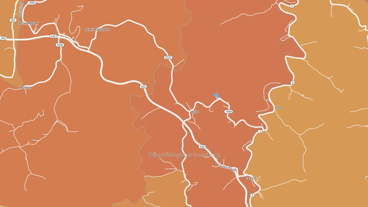 Map of the best neighborhoods in the Milo area, with better matches in green and worse matches in red