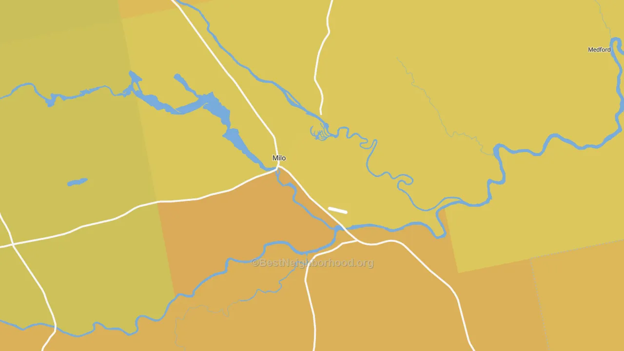 Map of the best neighborhoods in the Milo area, with better matches in green and worse matches in red