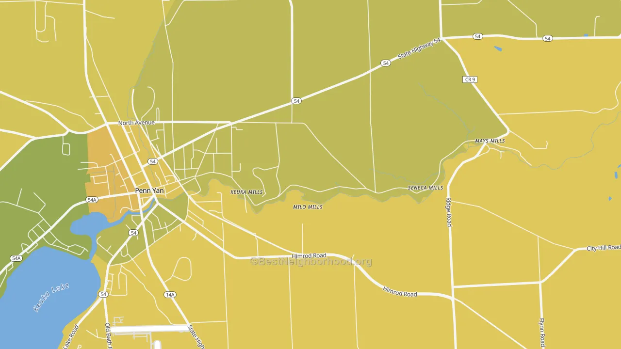 Map of the best neighborhoods in the Milo Mills area, with better matches in green and worse matches in red