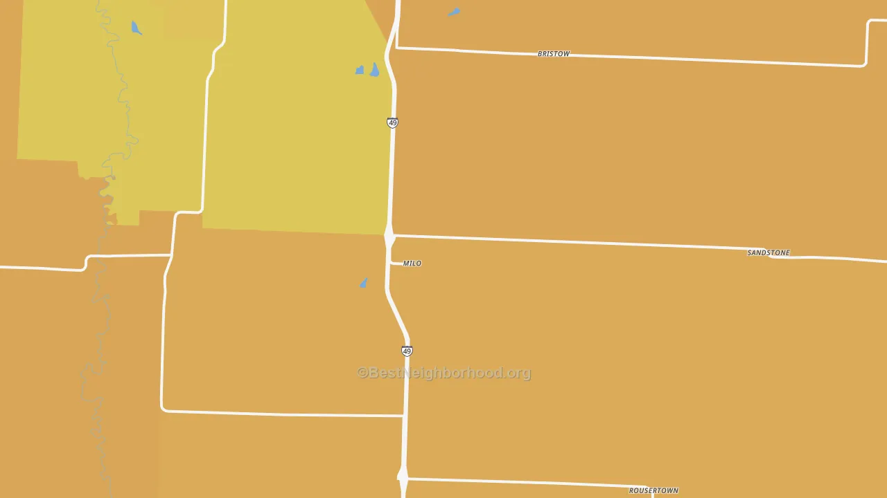 Map of the best neighborhoods in the Milo area, with better matches in green and worse matches in red