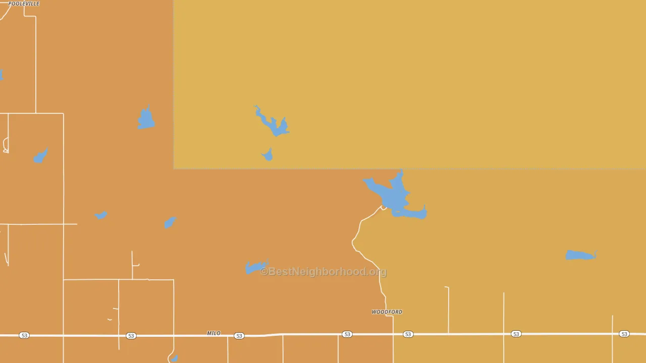 Map of the best neighborhoods in the Milo area, with better matches in green and worse matches in red
