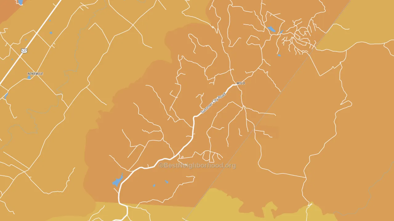 Map of the best neighborhoods in the Milo area, with better matches in green and worse matches in red