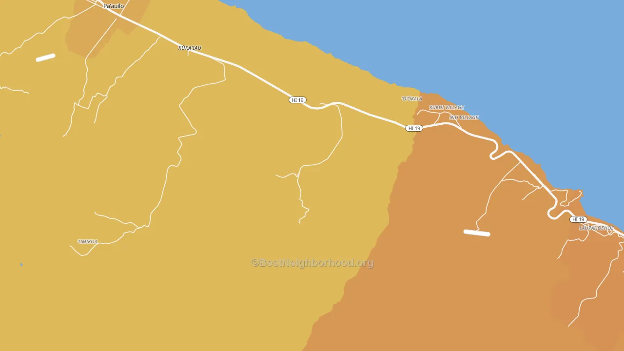 Map of the best neighborhoods in the Milo Village area, with better matches in green and worse matches in red