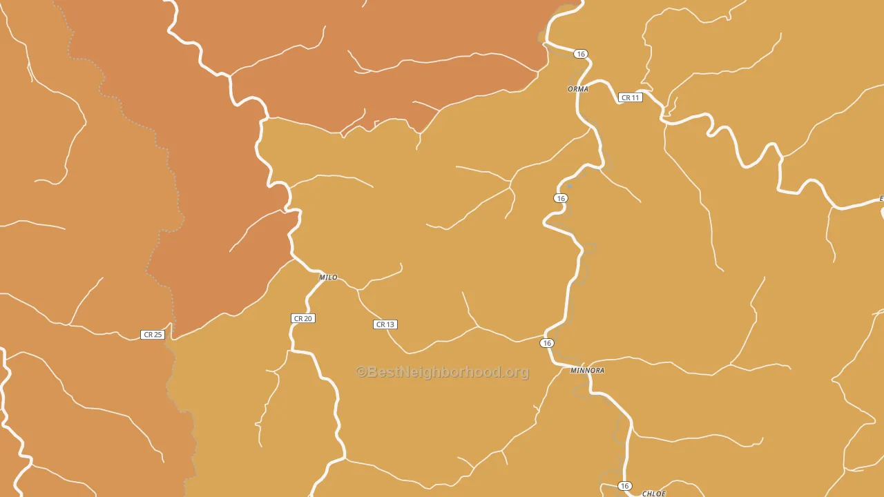 Map of the best neighborhoods in the Milo area, with better matches in green and worse matches in red