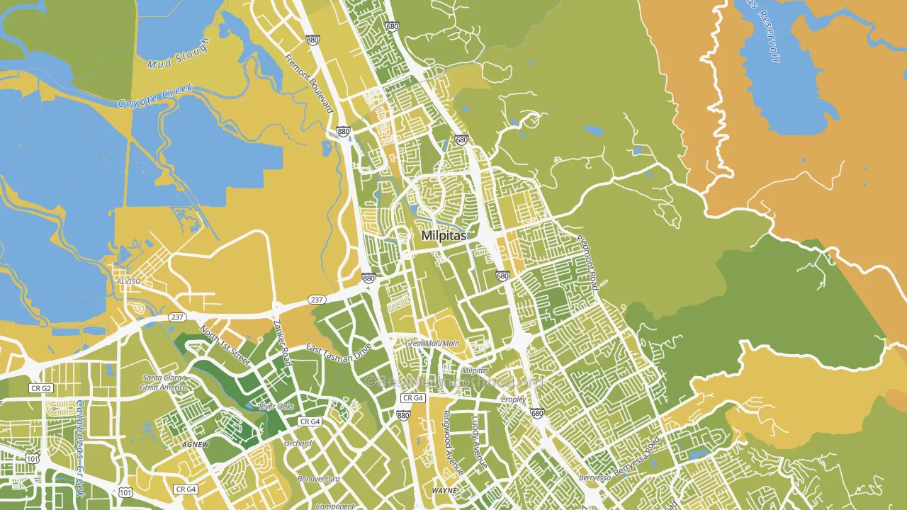 Map of the best neighborhoods in the Milpitas area, with better matches in green and worse matches in red