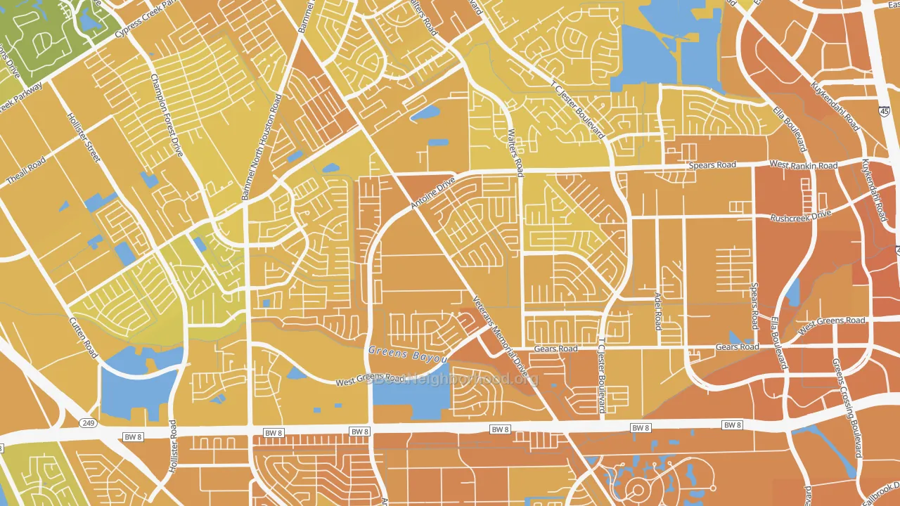 Map of the best neighborhoods in the Milroy Farms, Houston area, with better matches in green and worse matches in red