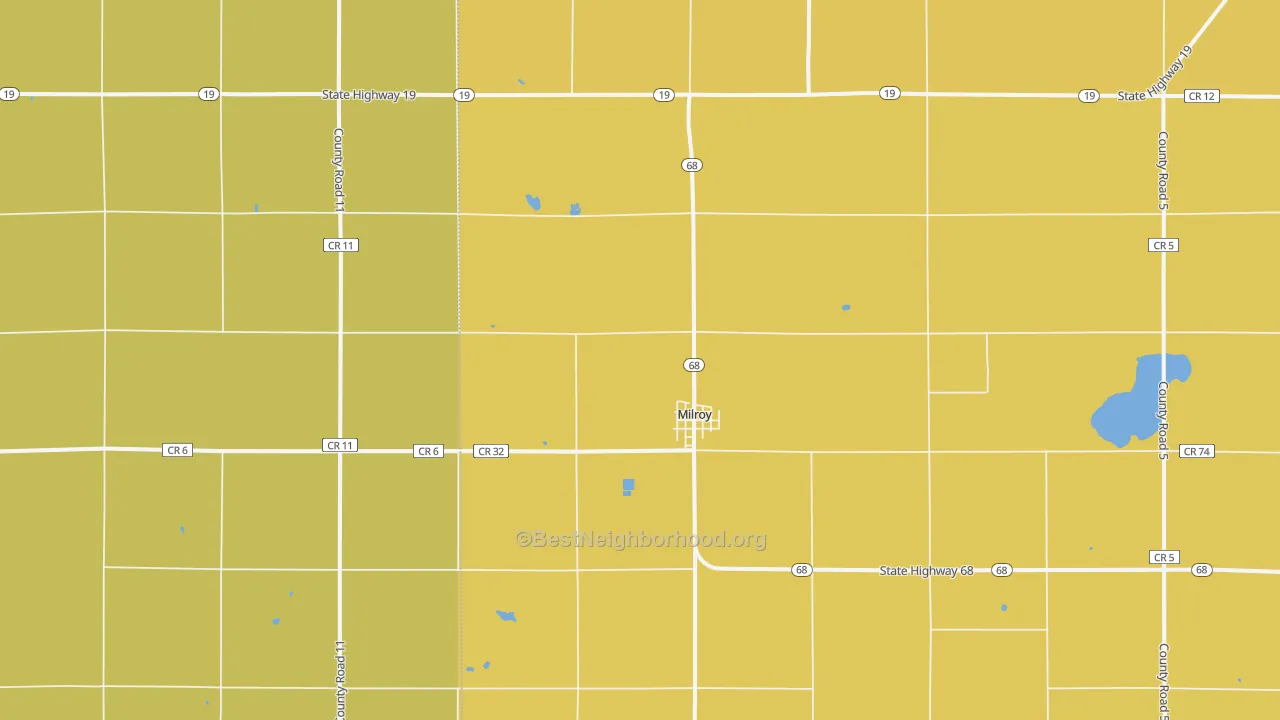 Map of the best neighborhoods in the Milroy area, with better matches in green and worse matches in red