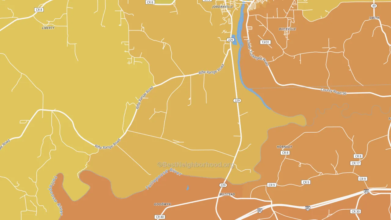 Map of the best neighborhoods in the Milstead area, with better matches in green and worse matches in red