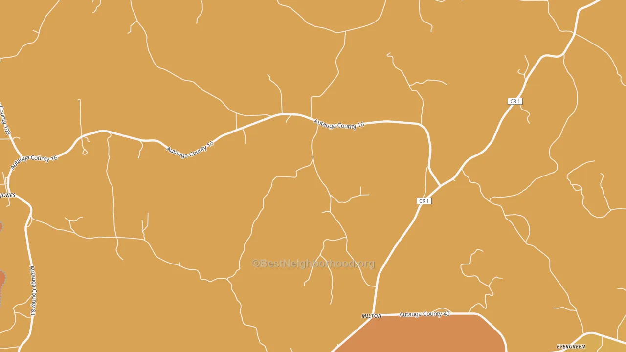 Map of the best neighborhoods in the Milton area, with better matches in green and worse matches in red
