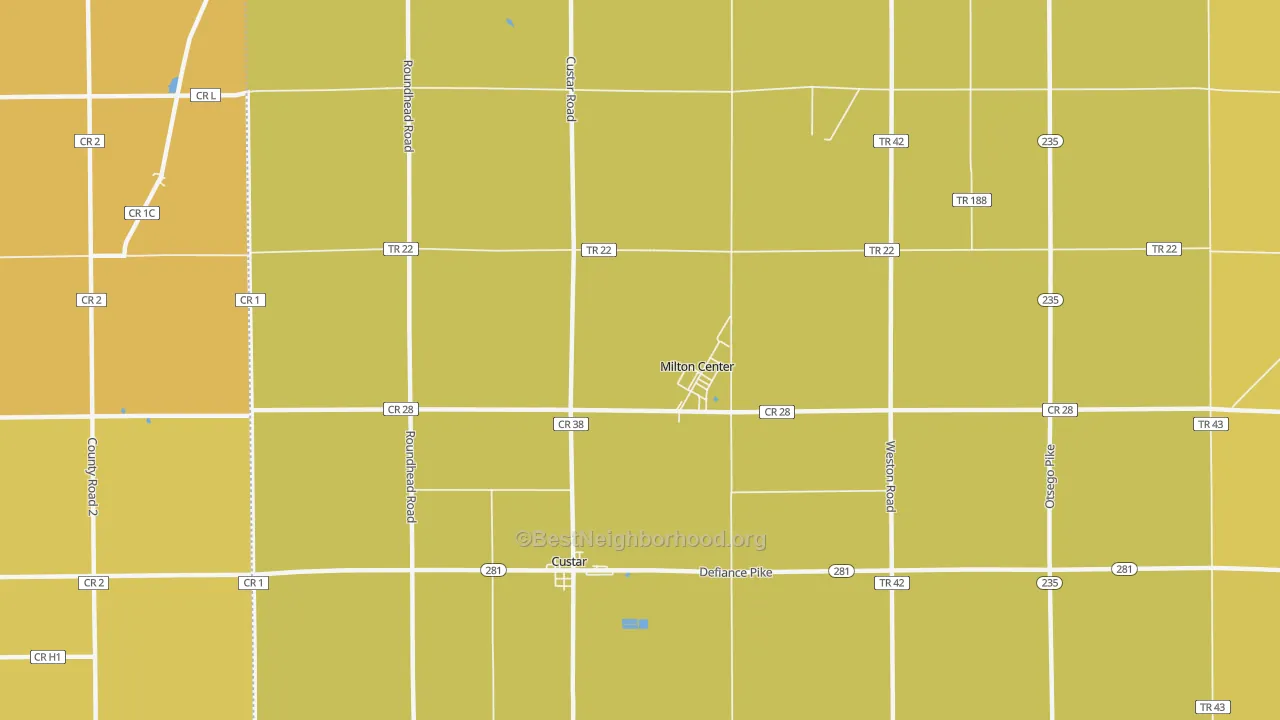 Map of the best neighborhoods in the Milton Center area, with better matches in green and worse matches in red