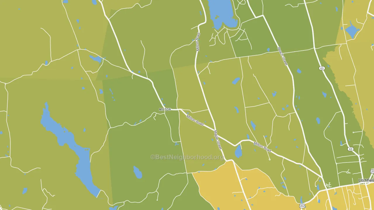 Map of the best neighborhoods in the Milton area, with better matches in green and worse matches in red