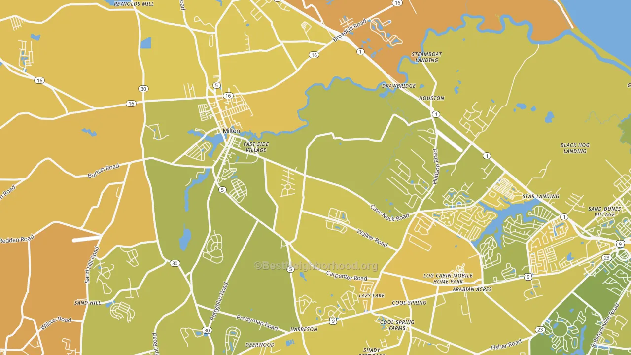 Map of the best neighborhoods in the Milton area, with better matches in green and worse matches in red
